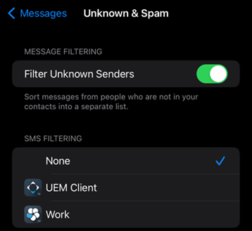 Screenshot of SMS filtering options in iOS Settings
