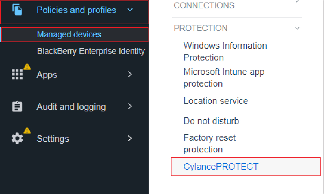 Screenshot of the path to CylancePROTECT profile