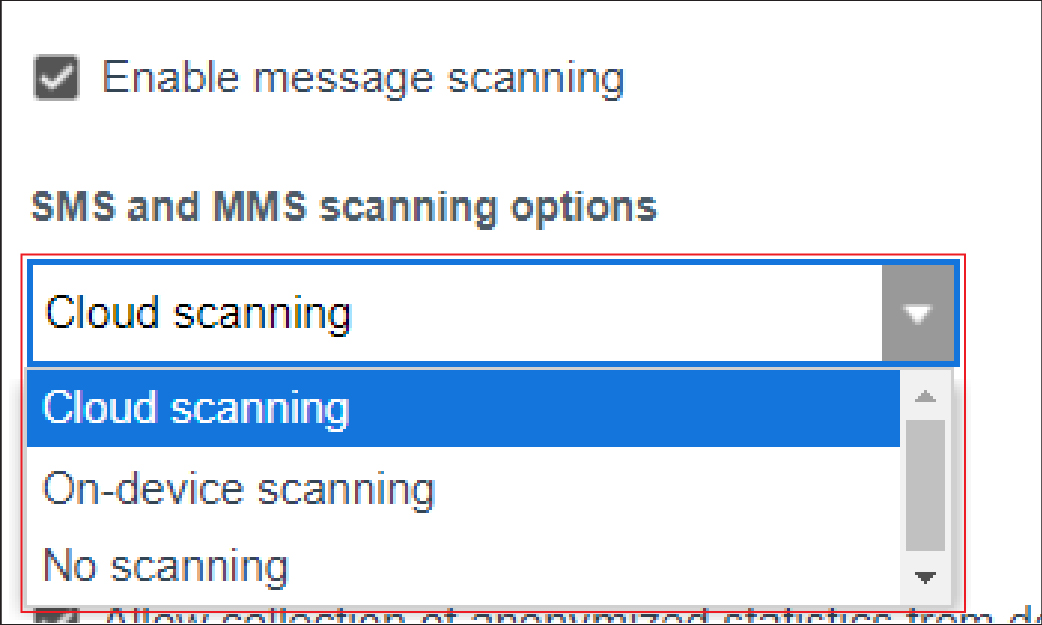 Screenshot of the scanning option drop-down list