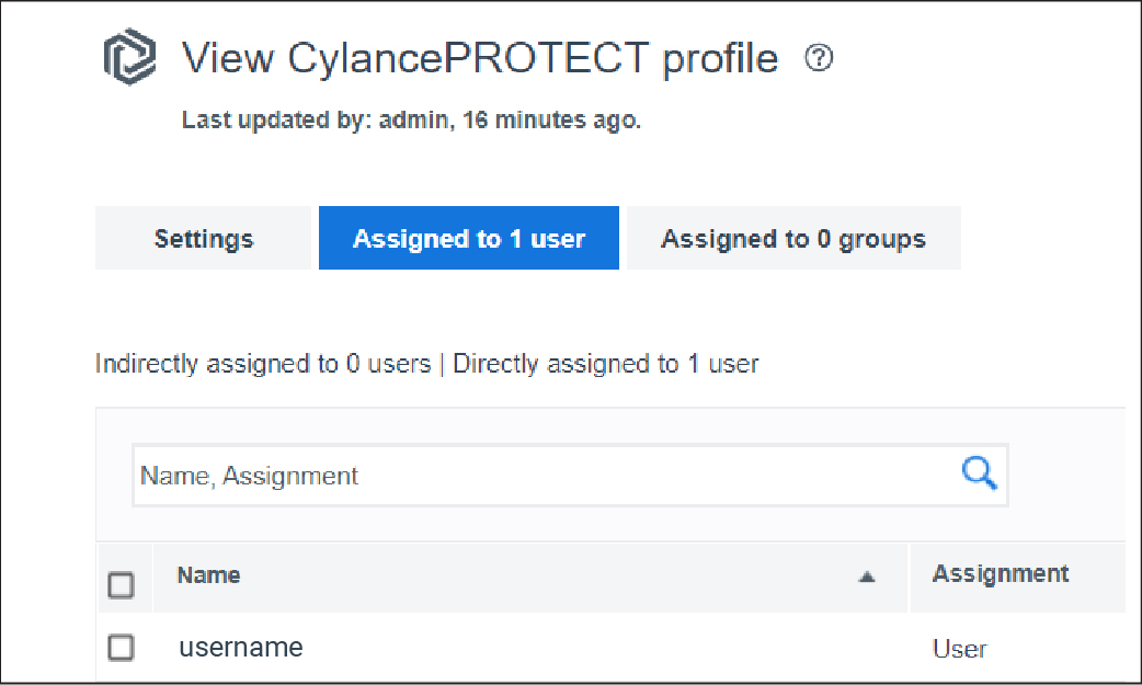 Screenshot of a configured CylancePROTECT profile with an assigned user