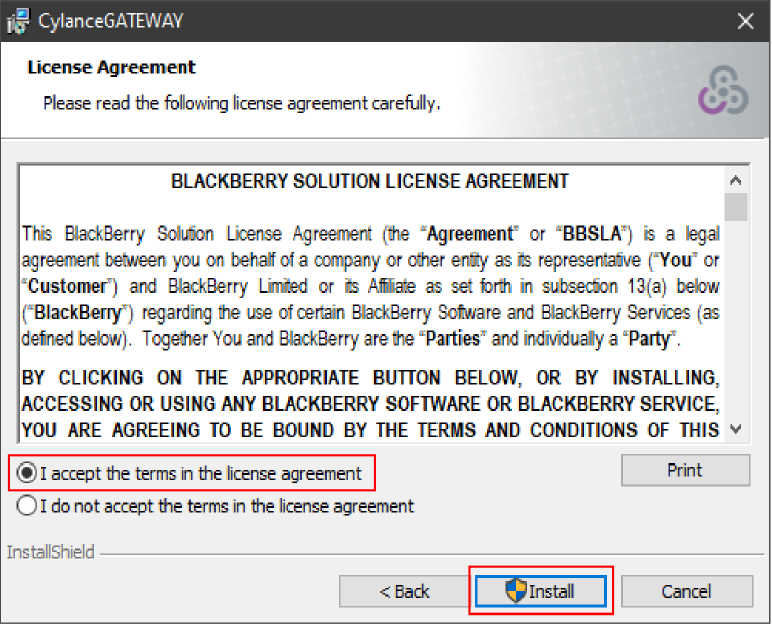 Screenshot of the license agreement and installation window for cylance gateway