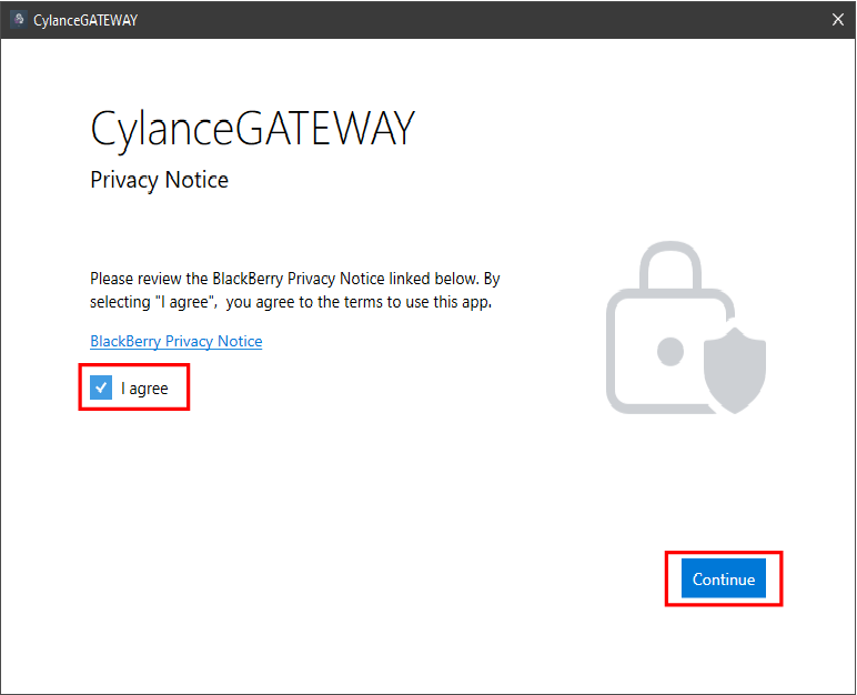 Screenshot of the cylance gateway privacy notice