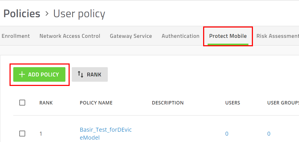 User Policy page with Add Policy option