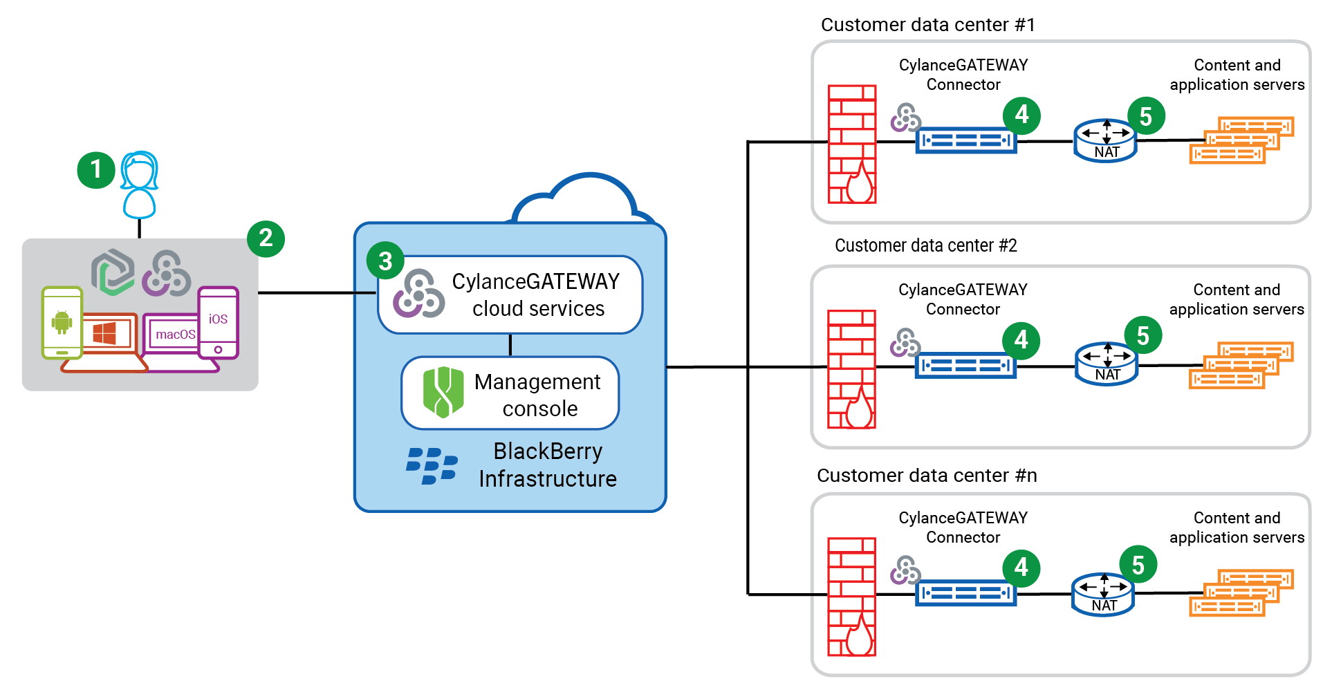 This image demonstrates the flow of data when using CylanceGATEWAY to access an app or content server on your private network with a multiple private network configuration.