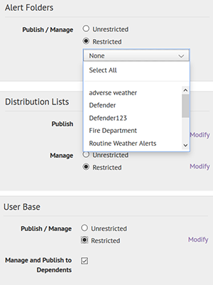 Step 6: Set permissions screen for alert folders, distribution lists, and user base