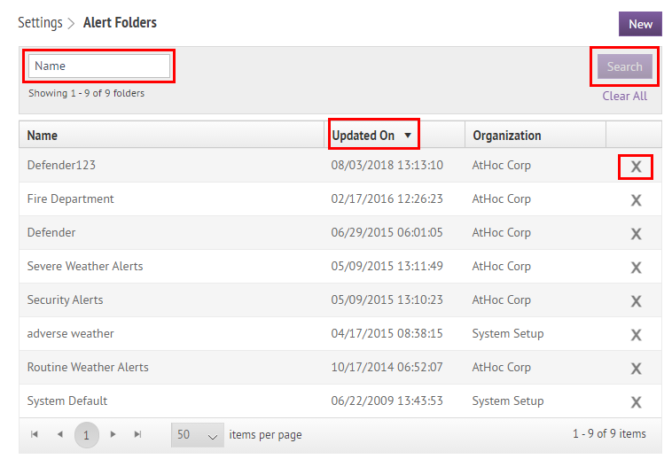Step 4: Search for, sort, or delete alert folders