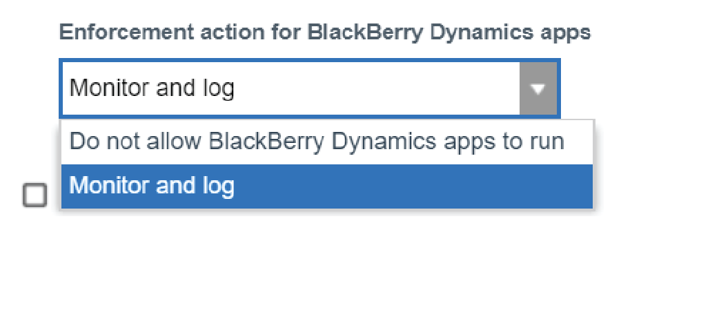 This image shows the dropdown for the enforcement actions for BlackBerry Dynamics apps