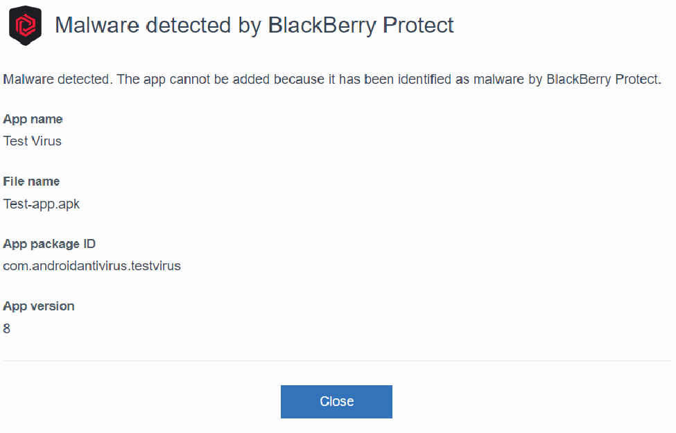 This image shows the warning when malware is detected by BlackBerry Protect