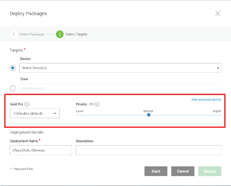 This image shows where you can set the timeout period and priority for the package