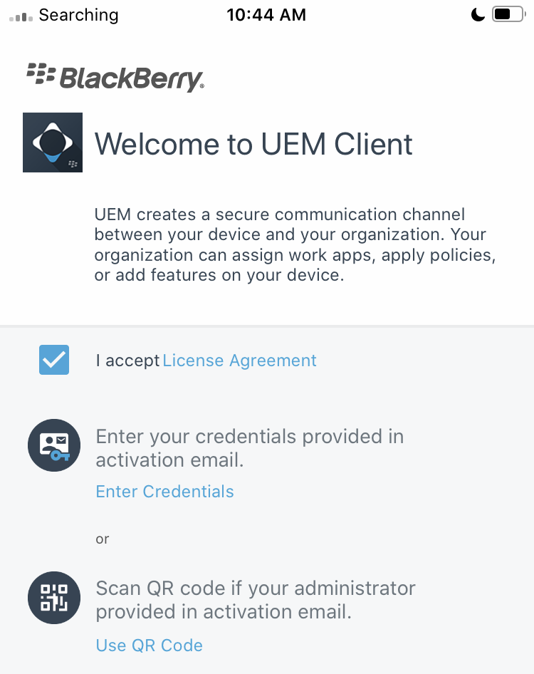 Screenshot of the license agreement page in the UEM Client