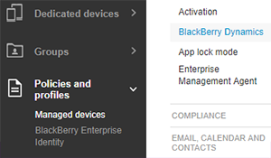 Image of Policies and Profiles > Managed Devices > BlackBerry Dynamics