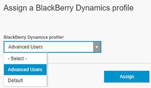 Image of Assign a BlackBerry Dynamics profile drop-down list