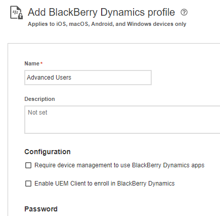 Image of Add BlackBerry Dynamics profile page