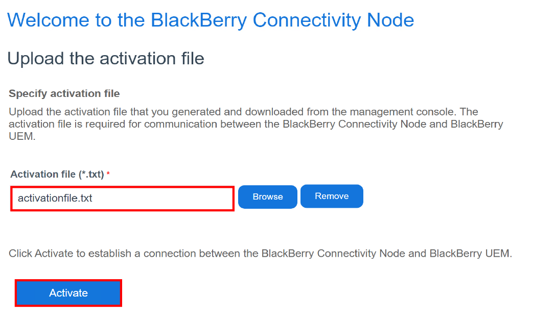 Screenshot of uploading the activation file to the BlackBerry Connectivity Node