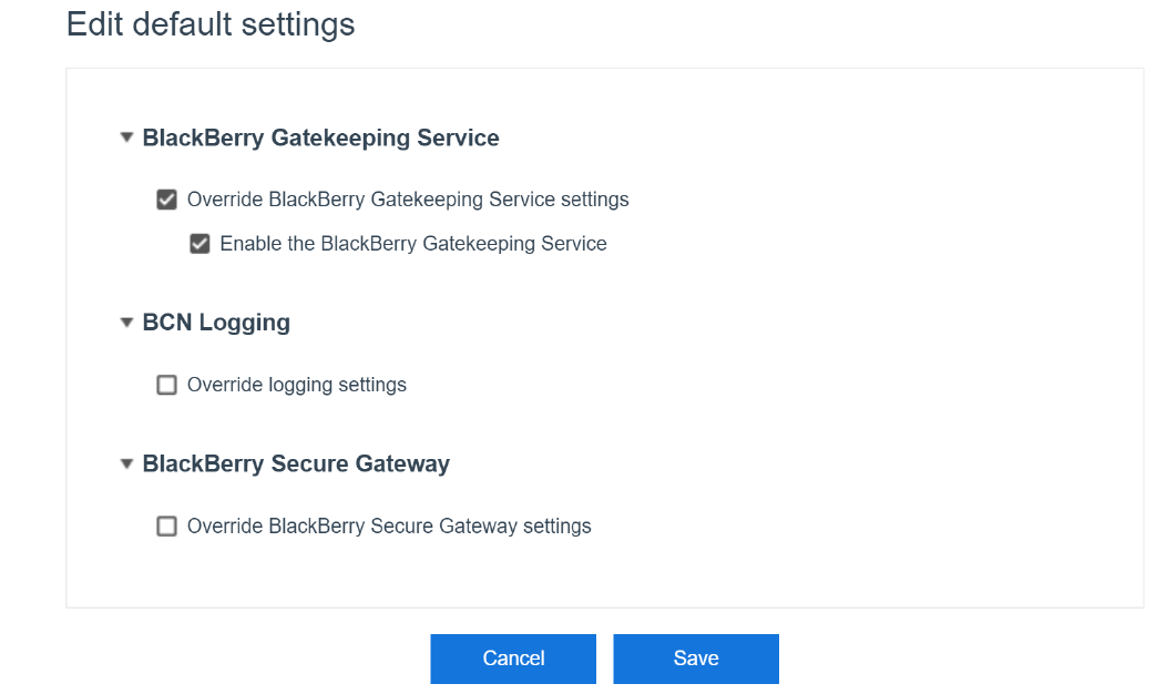 Screenshot of changing the default settings for BlackBerry Connectivity Node instances