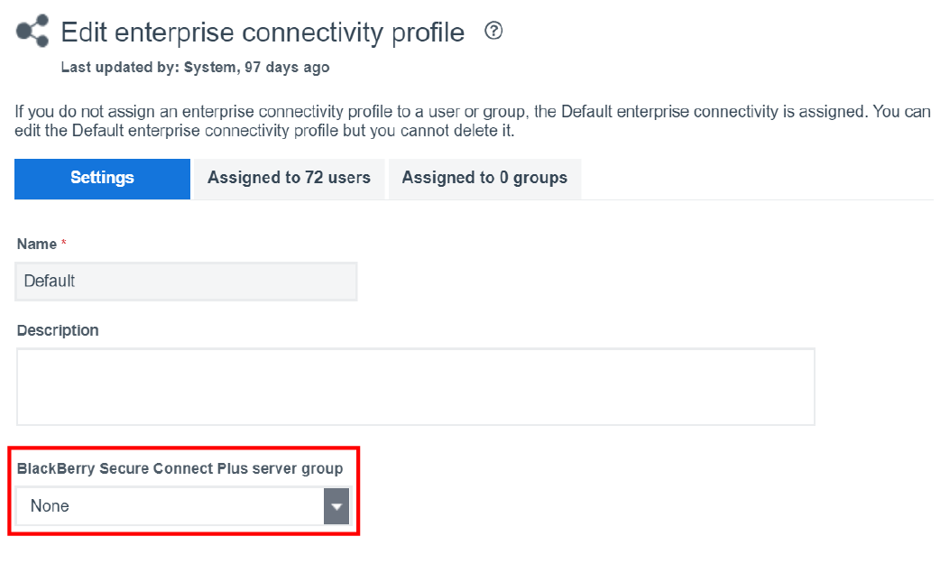 Screenshot of selecting a server group for Blackberry Secure Connect Plus
