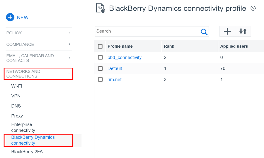 Screenshot of the path the Blackberry Dynamics connectivity profile window