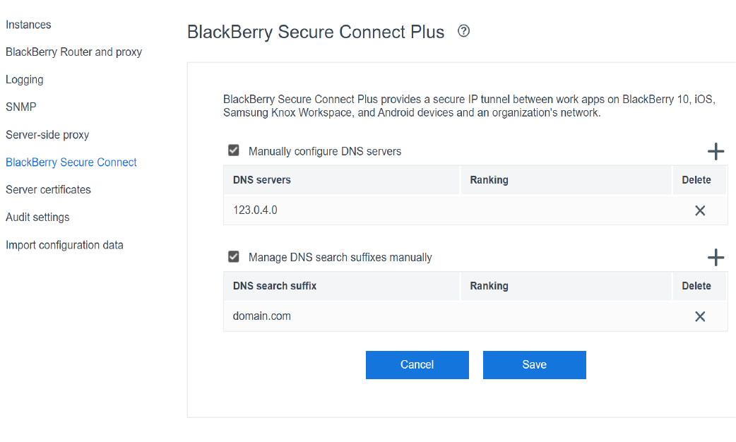 Screenshot of the Blackberry Secure Connect Plus window