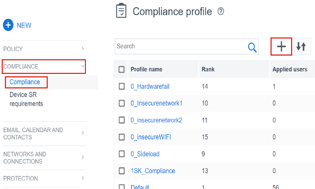 Screenshot of the compliance profiles