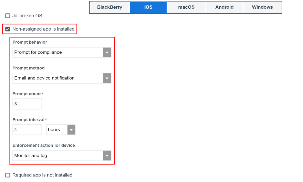 Screenshot of the compliance rules