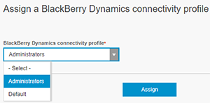 Image of Assign a BlackBerry Dynamics connectivity profile drop-down list