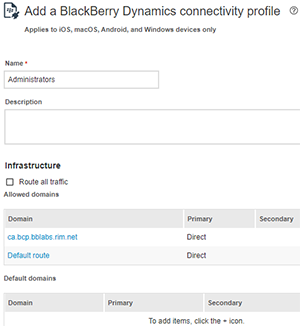 Image of Add a BlackBerry Dynamics connectivity profile page