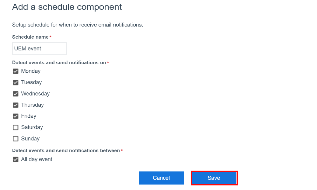 Screenshot of adding a schedule components