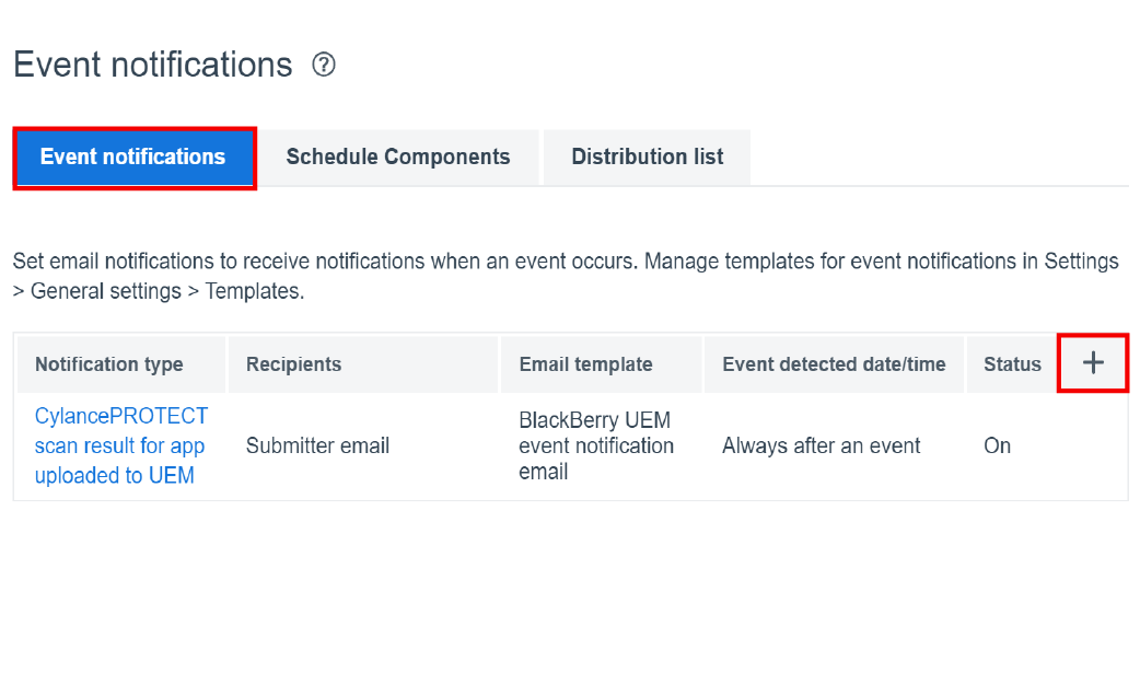Screenshot of event notifications tab
