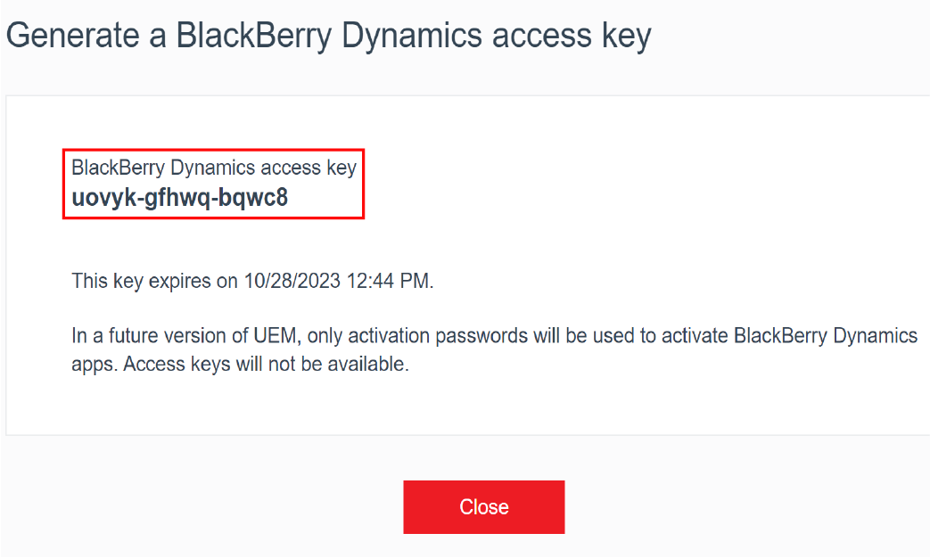 Screenshot of a Blackberry Dynamics access key code