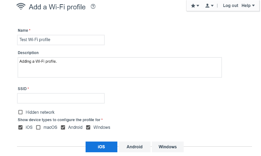 Screenshot of adding a wi-fi profile