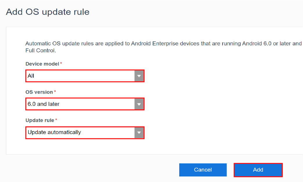 Screenshot of configuring the OS update rules