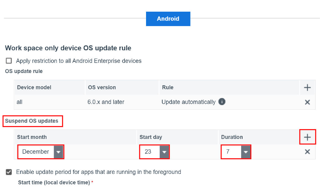 Screenshot of setting a suspension period for OS updates