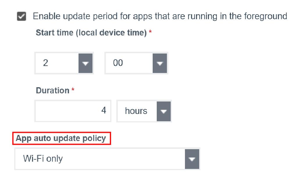 Screenshot of setting the app auto update policy