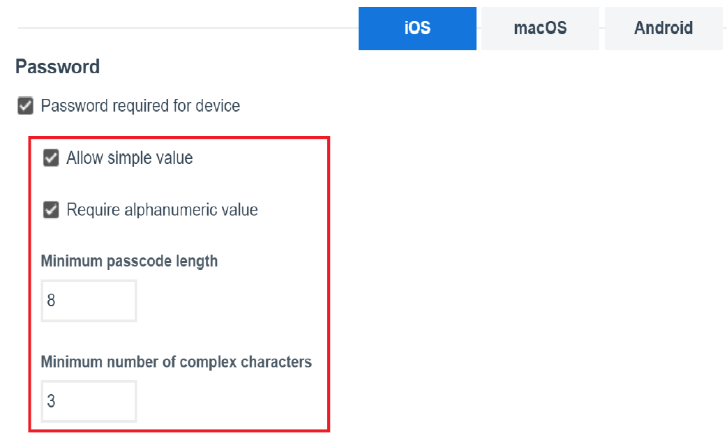 Screenshot of password requirement settings