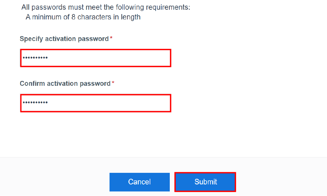 Screenshot of specifying and confirming activation password