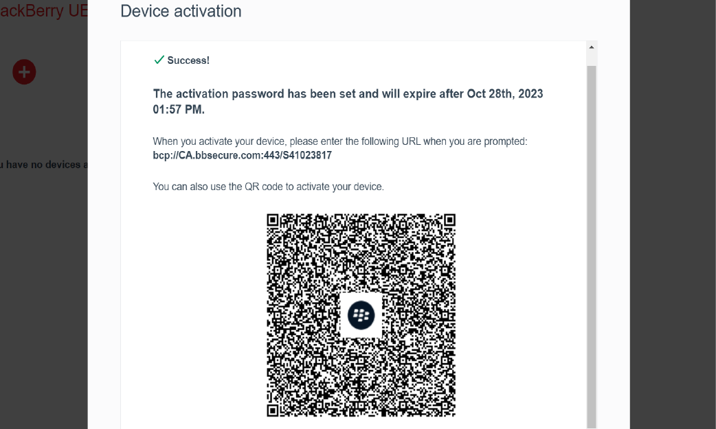 Screenshot of confirmation message and QR code