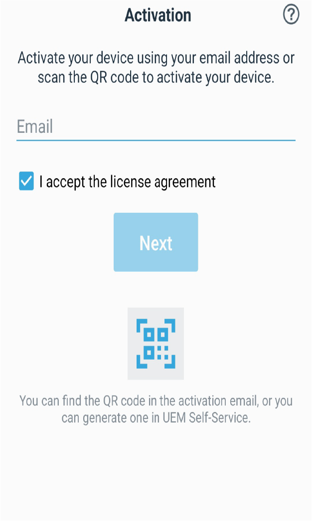 Screenshot of activation screen on UEM client app