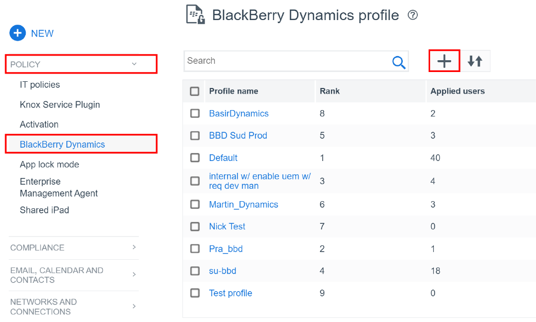 Screenshot of the Blackberry Dynamics profile window