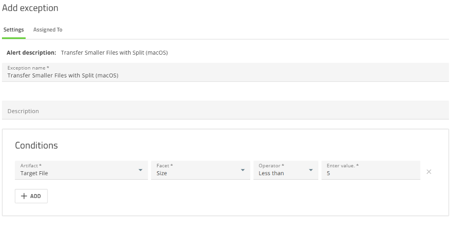 Screenshot of adding conditions to an exception