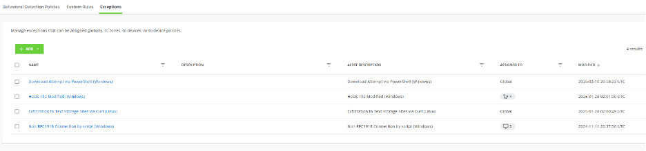Screenshot of adding an exception from the BDE tab