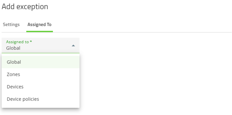 Screenshot of assigning exceptions