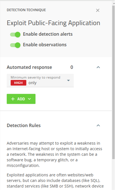 Screenshot of the detection details where alerts, observations, and automated responses can be configured.