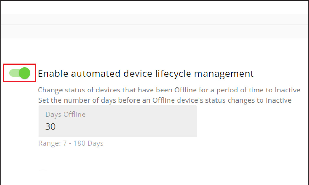 Screenshot of the device lifecycle management toggle