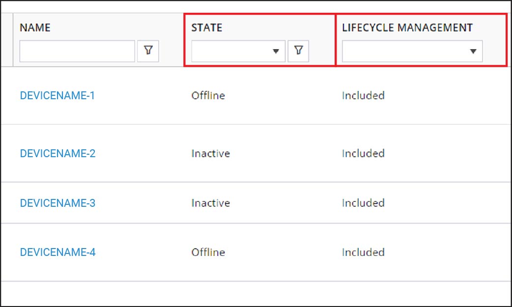 Screenshot of the State and Lifecycle Management columns for Devices 