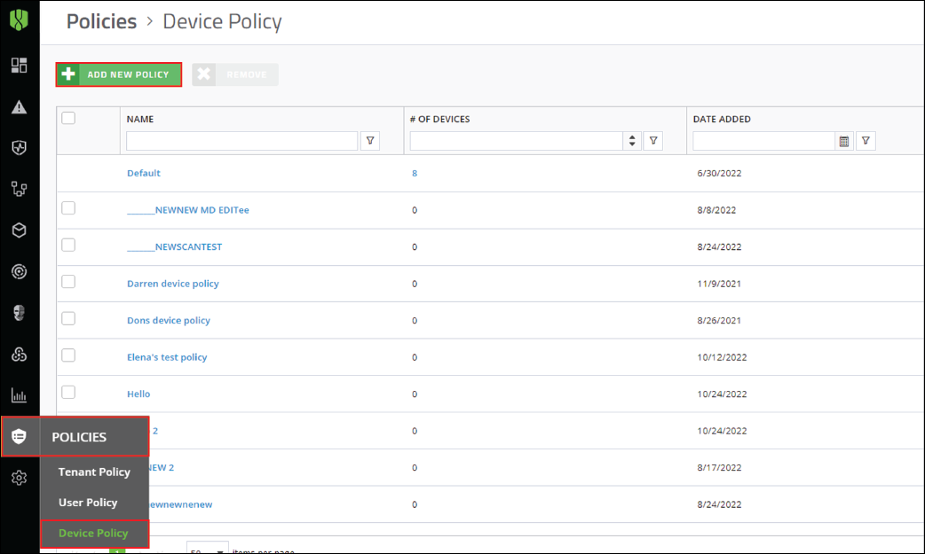 Screenshot of Device Policy screen