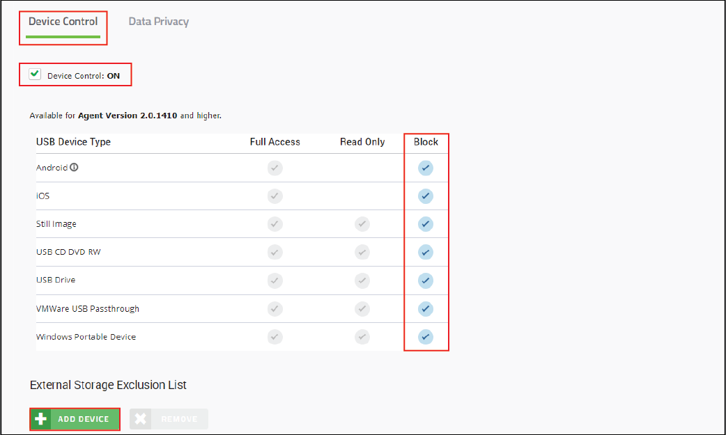 Screenshot of Device Control tab in the policy