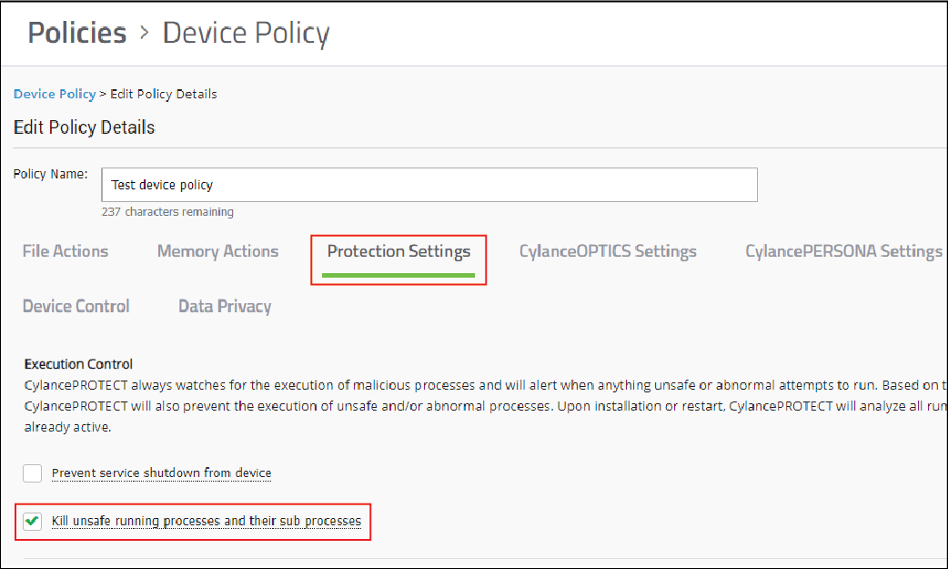 Screenshot of Protection Settings tab in the policy