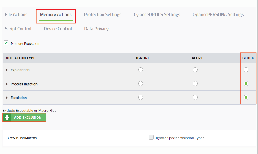 Screenshot of Memory Actions tab in the policy