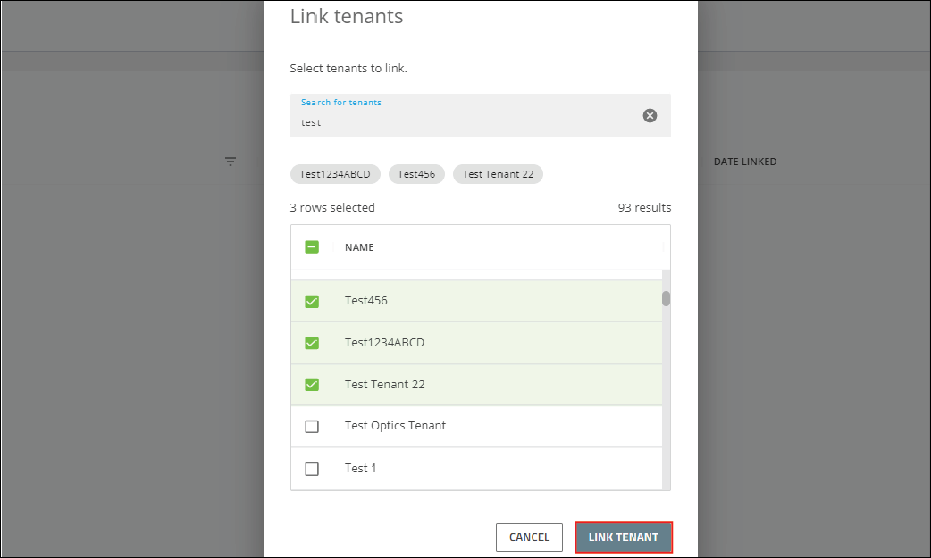 Screenshot of Link tenants screen