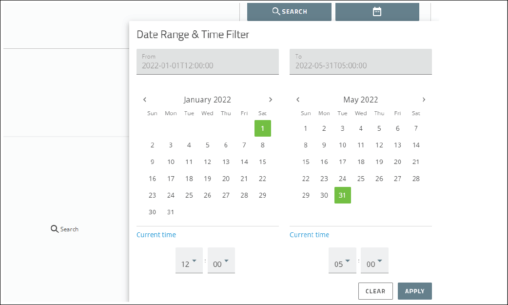 Screenshot of date and time range screen